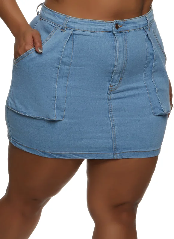 Plus Size Side Pocket Denim Mini Skirt