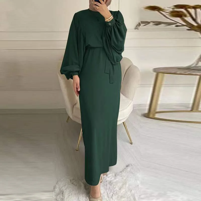 Maxi Dubai Abaya Robes Elegant Muslim Dress for Women Fashion Belted Party Solid Long Sleeve Turkey Plain Islamic Clothing Sets