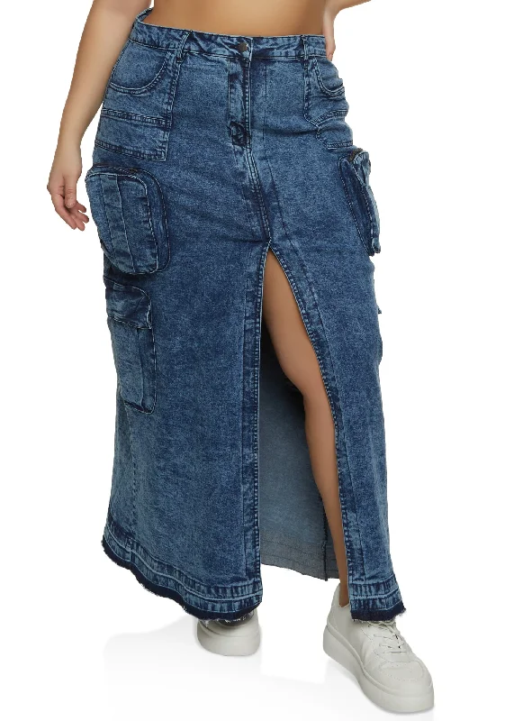 Plus Size Acid Wash Denim Cargo Skirt