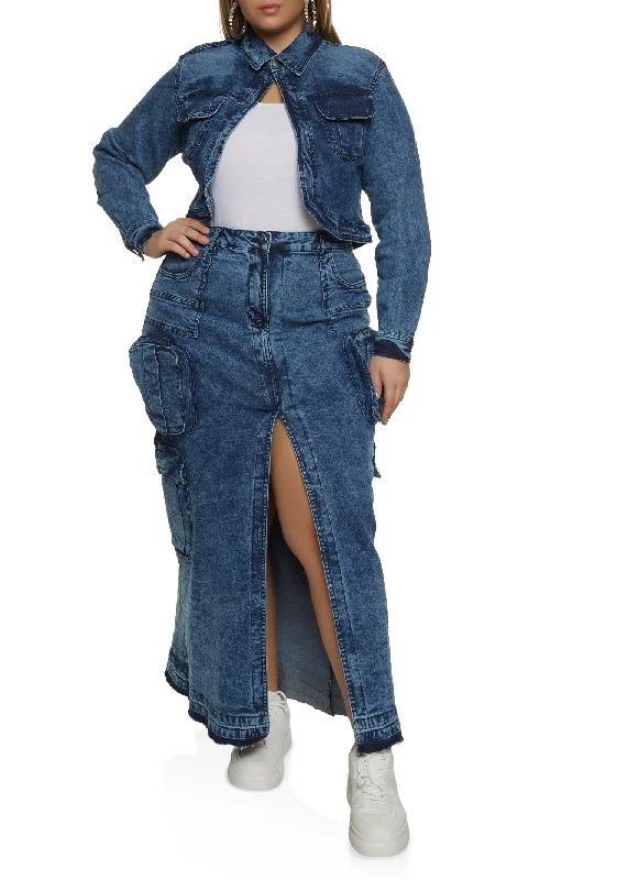 Plus Size Acid Wash Denim Cargo Skirt