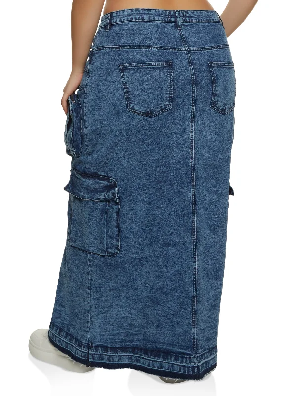 Plus Size Acid Wash Denim Cargo Skirt