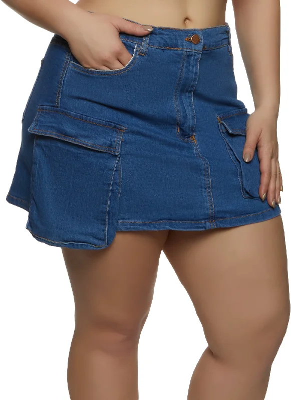 Plus Size Denim Cargo Pocket Mini Skirt