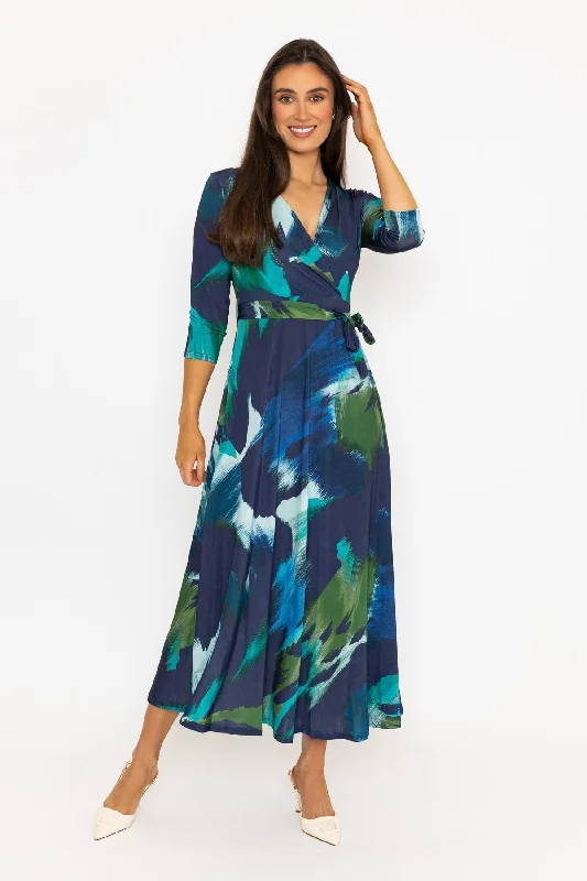 Navy Print V-Neck Wrap Midi Dress