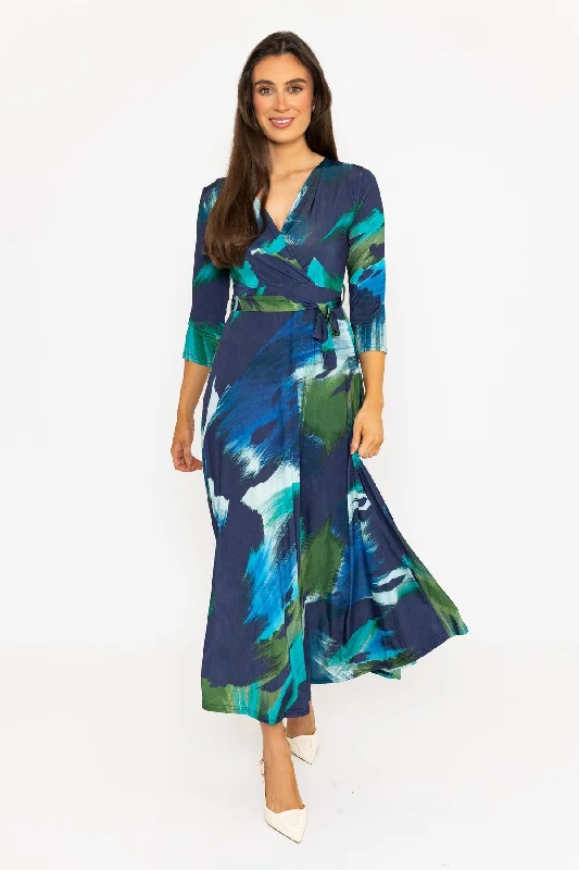 Navy Print V-Neck Wrap Midi Dress