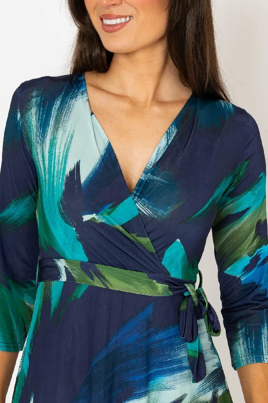 Navy Print V-Neck Wrap Midi Dress