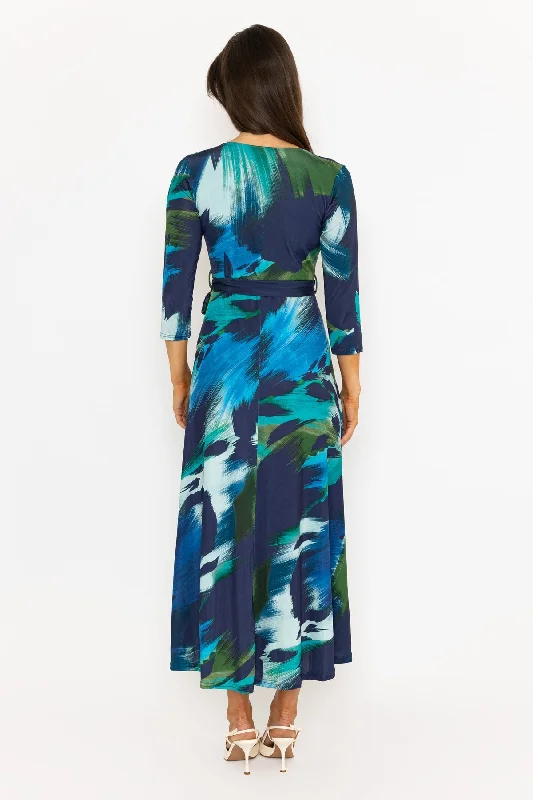 Navy Print V-Neck Wrap Midi Dress