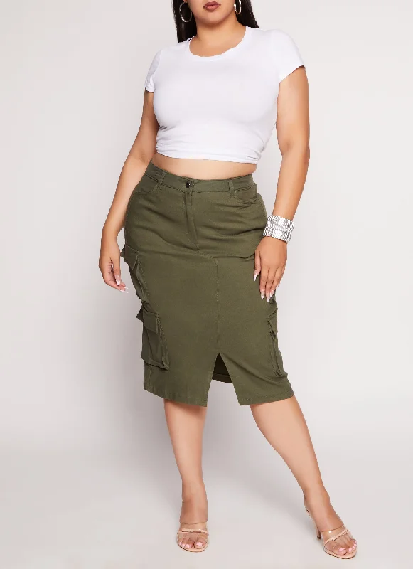 Plus Size Hyper Stretch Slit Front Cargo Skirt