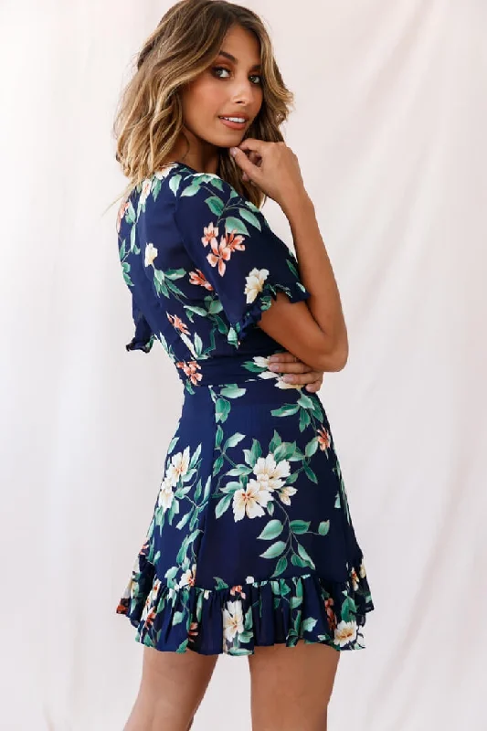 Omara Floral Wrap Ruffle Trim Dress Navy