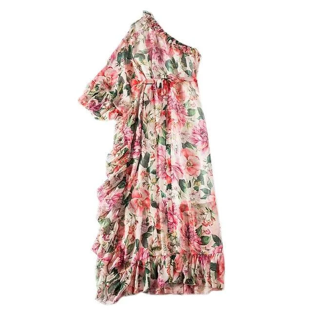 Plus Size Sexy Boho Beach Irregular Ruffled Print Chiffon Chic Dresses