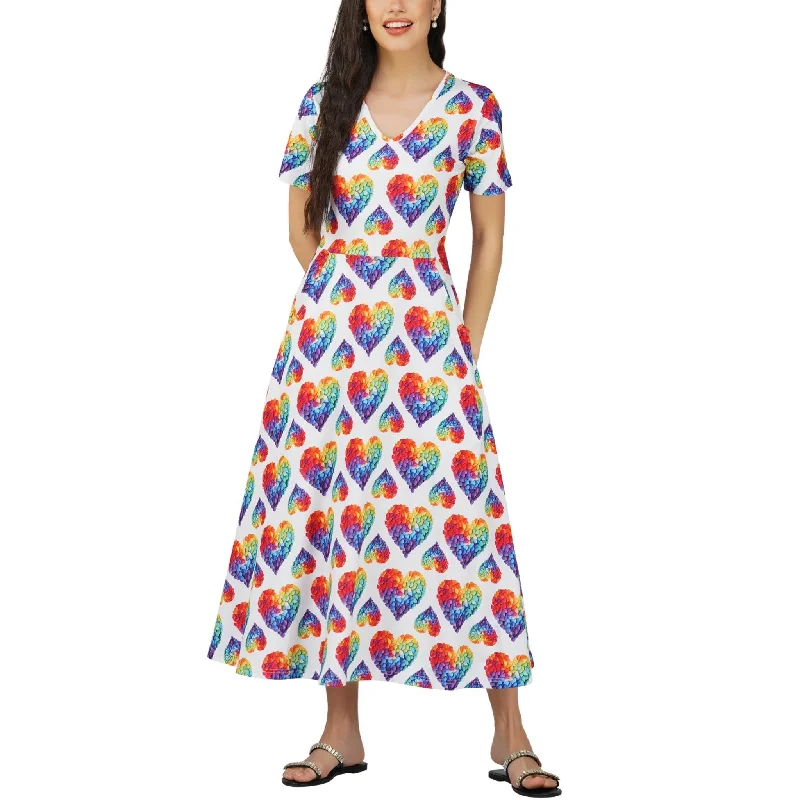 Rainbow Blossom Hearts Long Midi Dress (With Waist Seam)