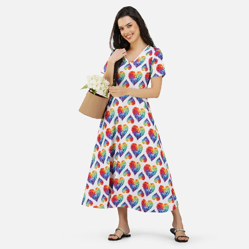 Rainbow Blossom Hearts Long Midi Dress (With Waist Seam)