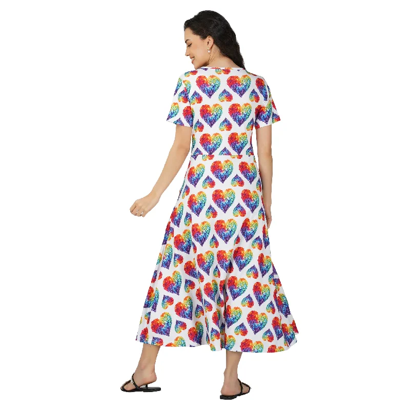 Rainbow Blossom Hearts Long Midi Dress (With Waist Seam)