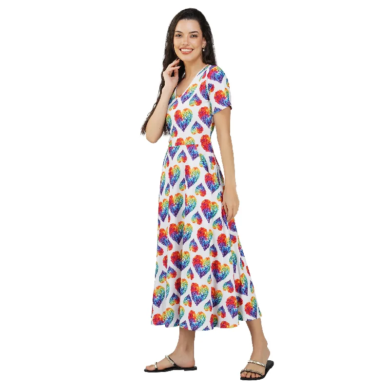 Rainbow Blossom Hearts Long Midi Dress (With Waist Seam)