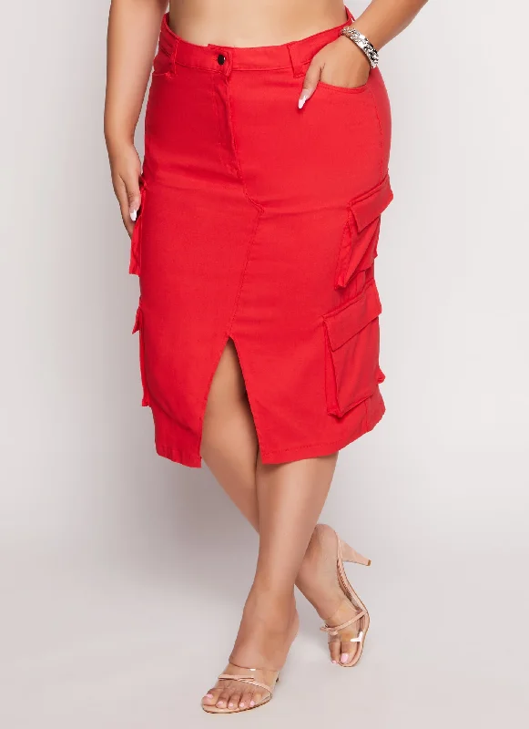 Plus Size Hyper Stretch Slit Front Cargo Skirt