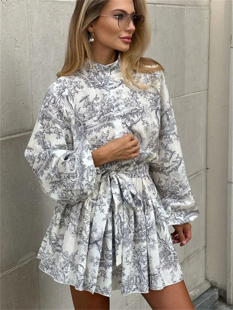 Retro Print Folds Elegant Lace Up Long Sleeve Ruffle High Street Mini Dress