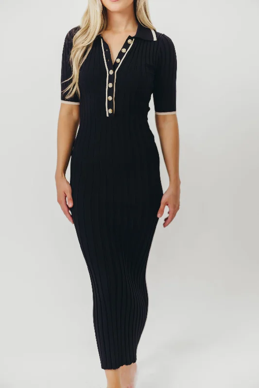 Addie Ribbed Button-Down Maxi Dress in Black - Nursing and Bump Friendly (low stock)