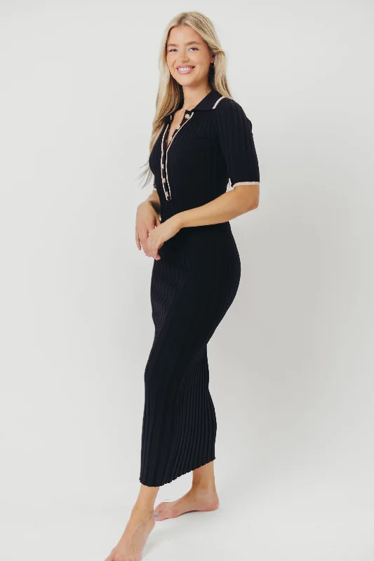 Addie Ribbed Button-Down Maxi Dress in Black - Nursing and Bump Friendly (low stock)