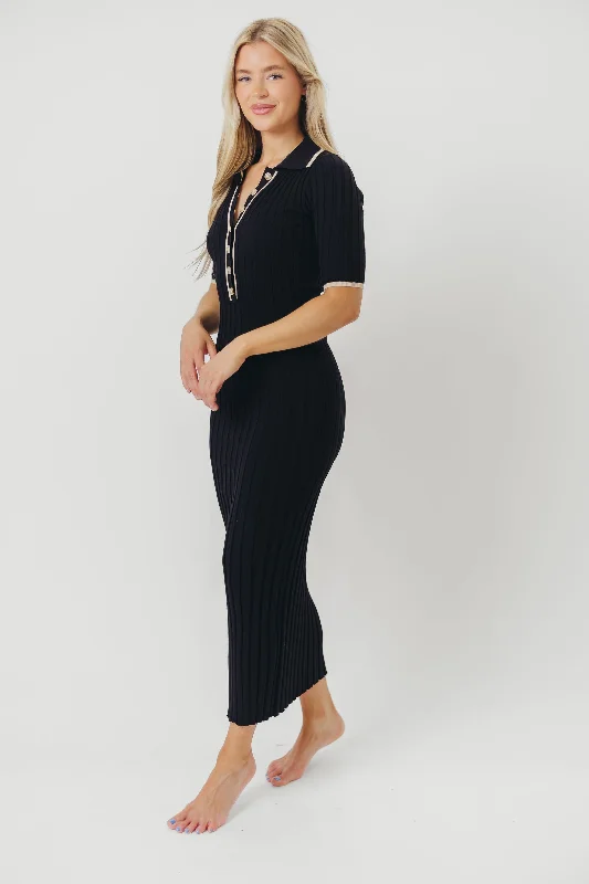 Addie Ribbed Button-Down Maxi Dress in Black - Nursing and Bump Friendly (low stock)