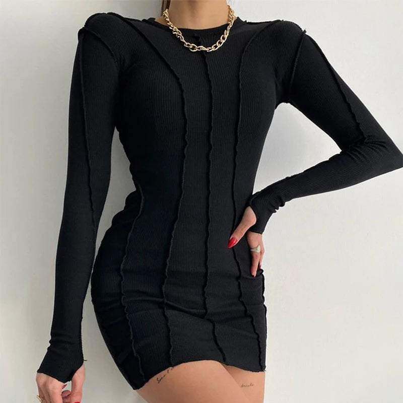 Screw Thread Ribbed Long Sleeve Bodycon Spring Elastic Casual Mini Dress