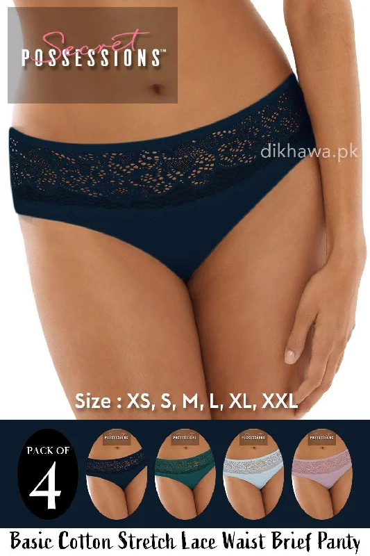 Secret Possessions Panty - Basic Cotton Stretch Lace Waist Brief Panty Pack of 4