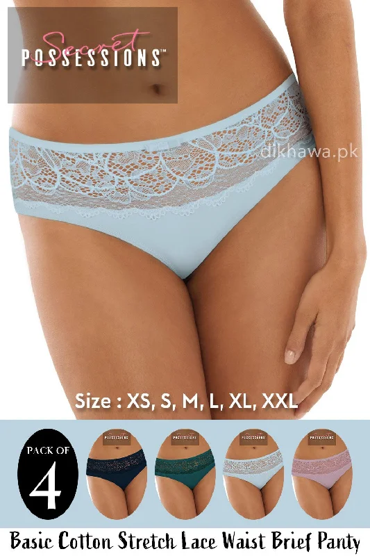 Secret Possessions Panty - Basic Cotton Stretch Lace Waist Brief Panty Pack of 4