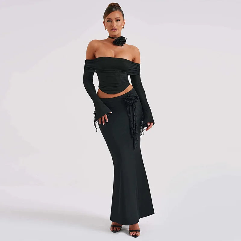 Sexy Club Party Two Piece Set Women Autumn Off Shoulder Mermaid Maxi Dress