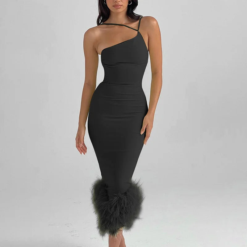 Sexy Feather Autumn Winter Dress Women One Shoulder Bodycon Maxi Dress