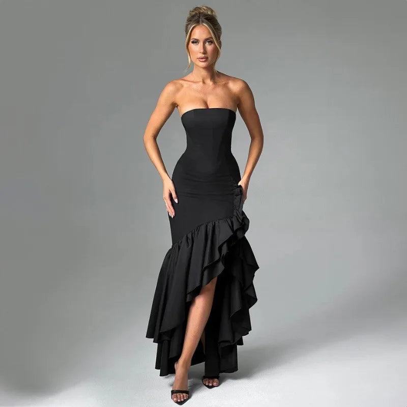 Sexy Ruffles Club Party Dress Women Summer High Split Bodycon Maxi Dress