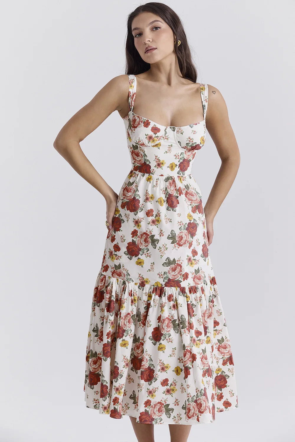 Sexy Vintage Floral Print Party Dress Women Summer Pleated Maxi Dress