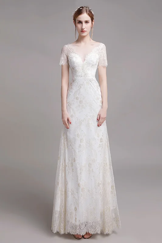 Sheath-Column Floor Length Lace Wedding Dress CW2766