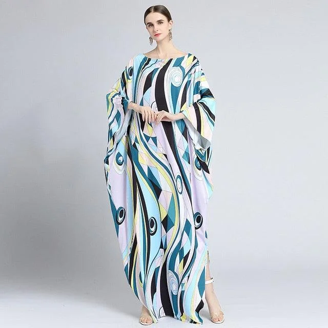 Silk Bohemian Plus Size Dress Batwing Sleeve Maxi Dress