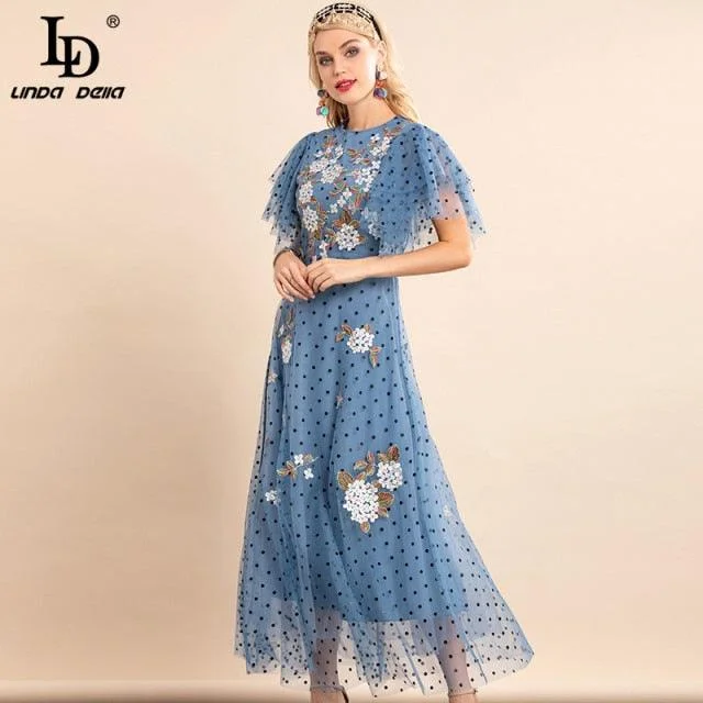 Summer Vintage Butterfly Sleeve Embroidered Polkadot Blue Mesh Long Dress