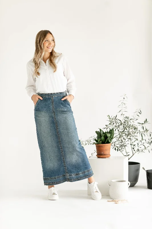 Sutton Side Zip A-line Denim Maxi Skirt