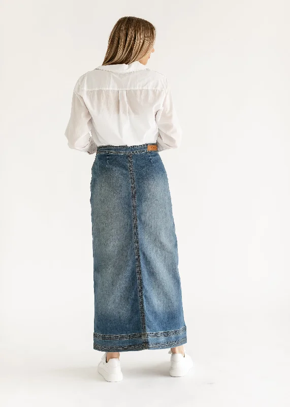 Sutton Side Zip A-line Denim Maxi Skirt