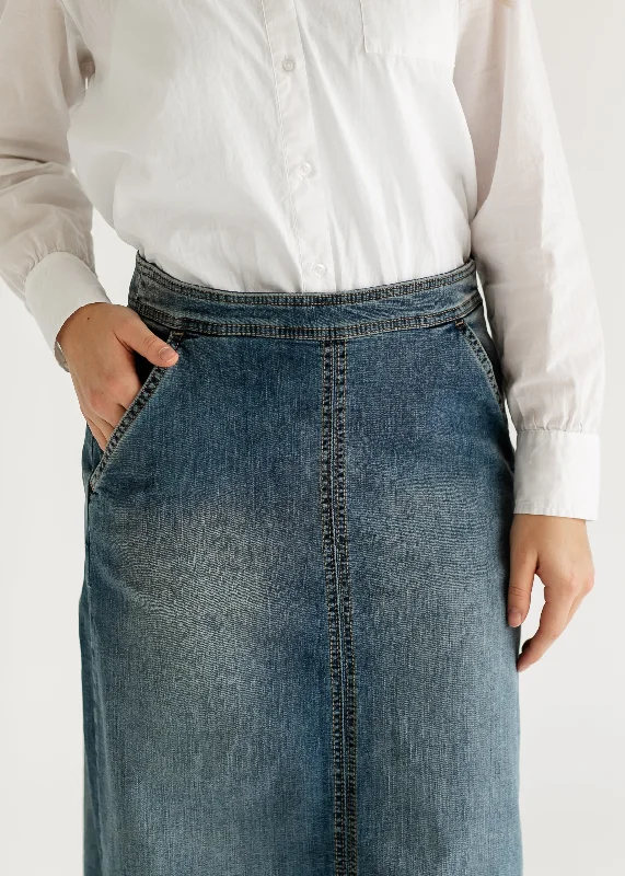 Sutton Side Zip A-line Denim Maxi Skirt