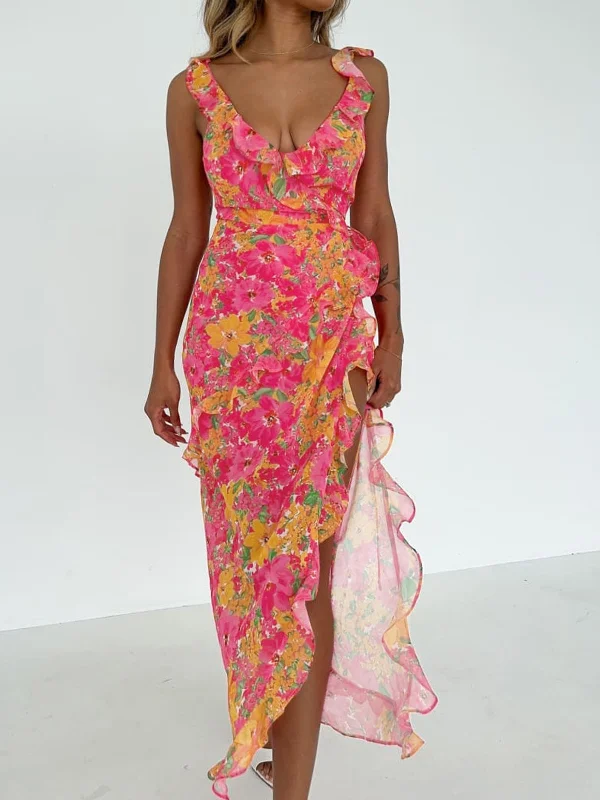 BerryBetty - Tropical Passion Floral Ruffle Long Dress