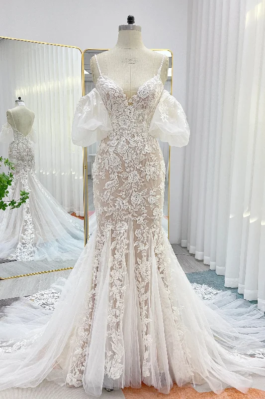 Trumpet-Mermaid Chapel Train Lace Tulle Wedding Dress CW3276