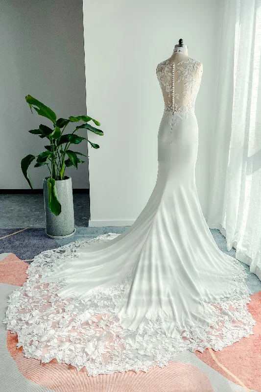 Trumpet-Mermaid Court Train Lace Stretch Satin Wedding Dress CW3138