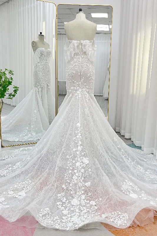 Trumpet-Mermaid Court Train Lace Tulle Wedding Dress CW3275