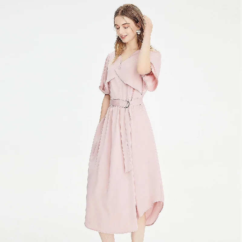 V-Neck Solid Elegant Buttons with Belt Midi Dress