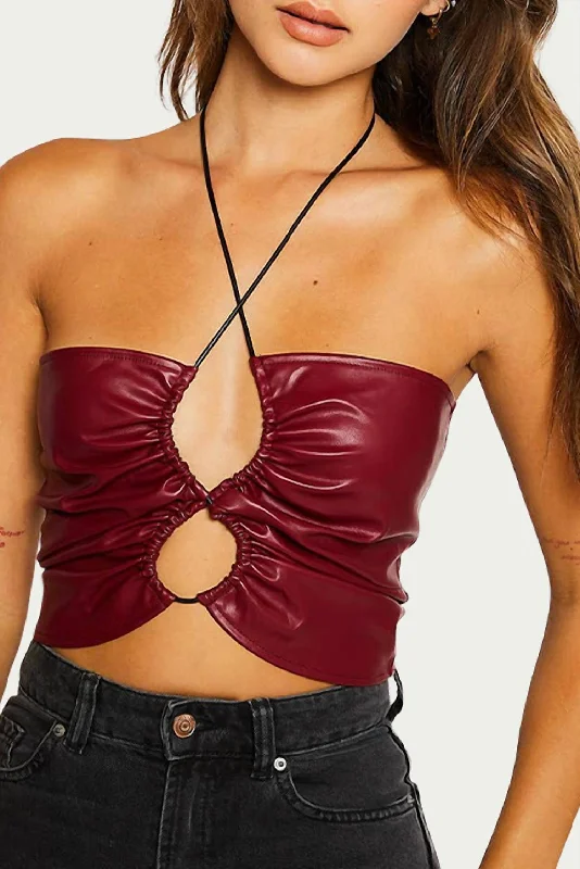 Vegan Leather Cutout Top In Burgundy