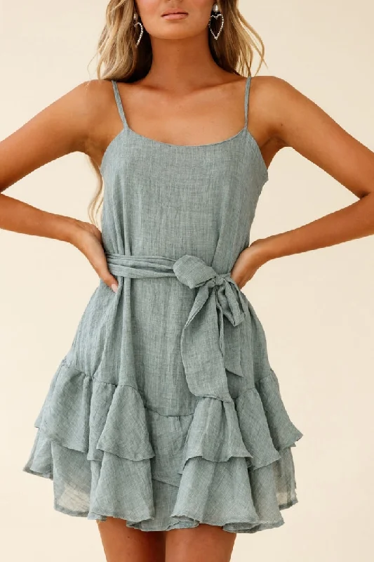 Wilshire Tiered Ruffle Hem Spaghetti Strap Dress Grey