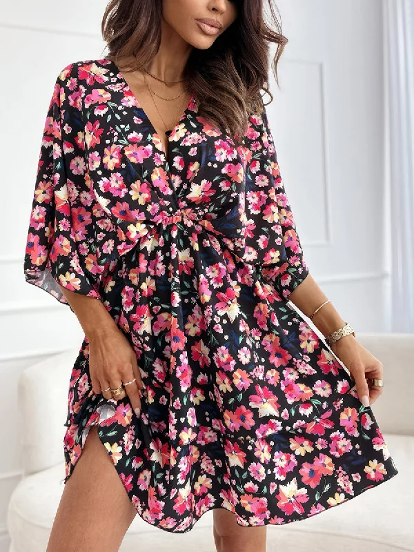 Casual Floral Deep V Waist Short Sleeve Mini Dress