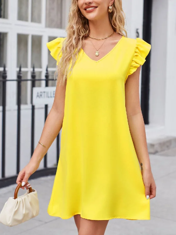 V Neck Puff Sleeve Loose Fashion Mini Dress