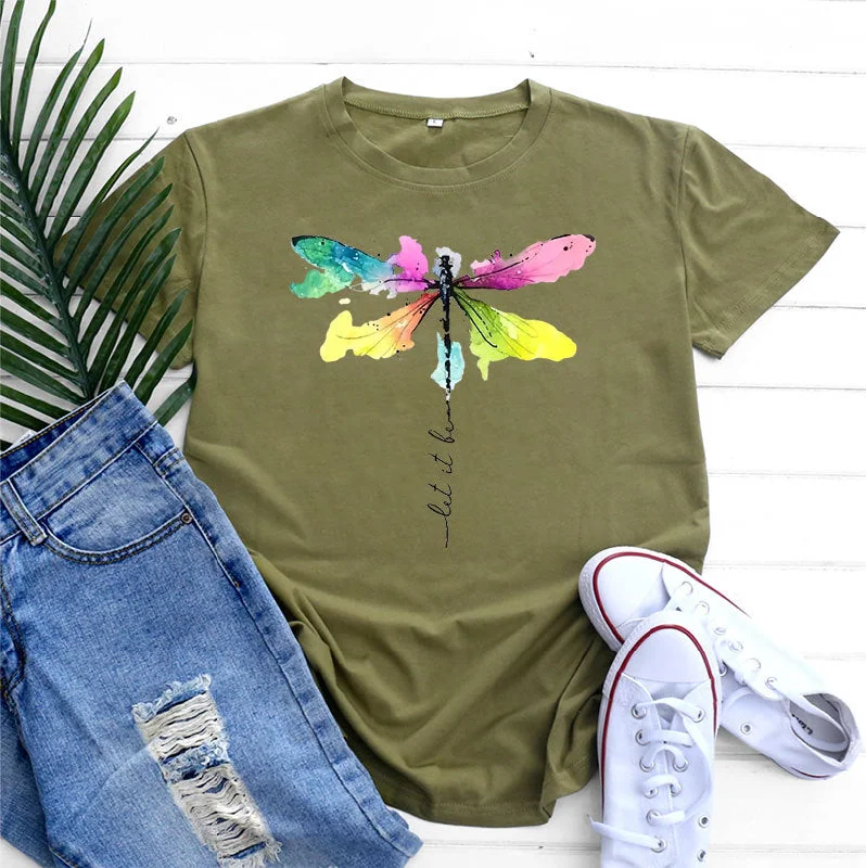 Women's Fashion Casual Dragonfly Printed Round Neck Short Sleeve T-shirt Top