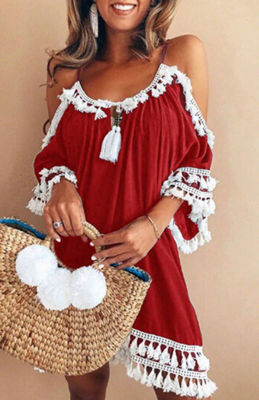 BerryBetty - Women's Halter Off Shoulder Fringed Dress