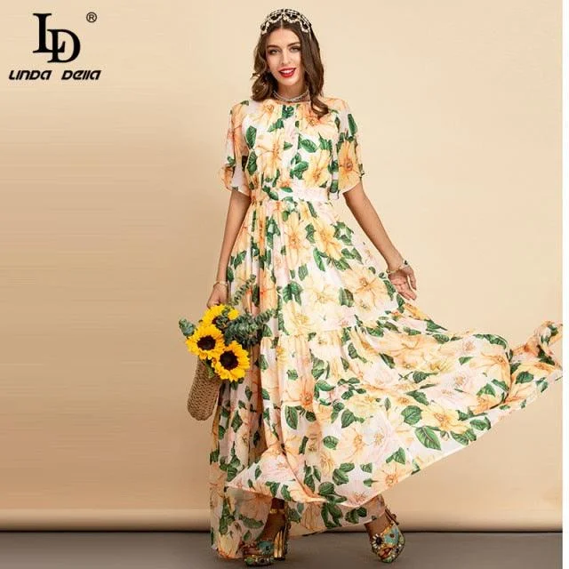 Yellow Chiffon Floral Print Elegant Boho Holiday Party Maxi Dress