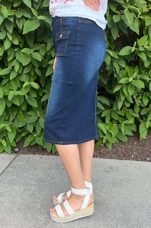 Zoey Button Down Denim Skirt in Dk. Indigo